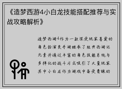 《造梦西游4小白龙技能搭配推荐与实战攻略解析》