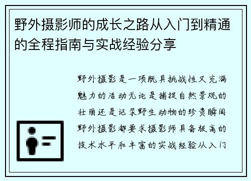 野外摄影师的成长之路从入门到精通的全程指南与实战经验分享