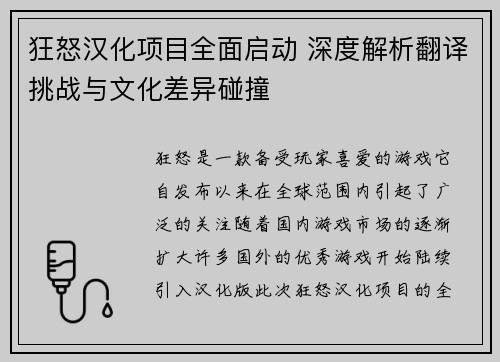 狂怒汉化项目全面启动 深度解析翻译挑战与文化差异碰撞