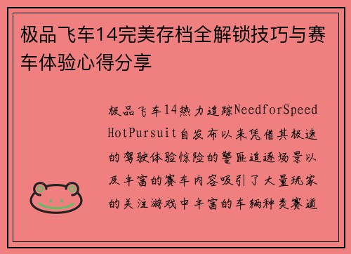 极品飞车14完美存档全解锁技巧与赛车体验心得分享